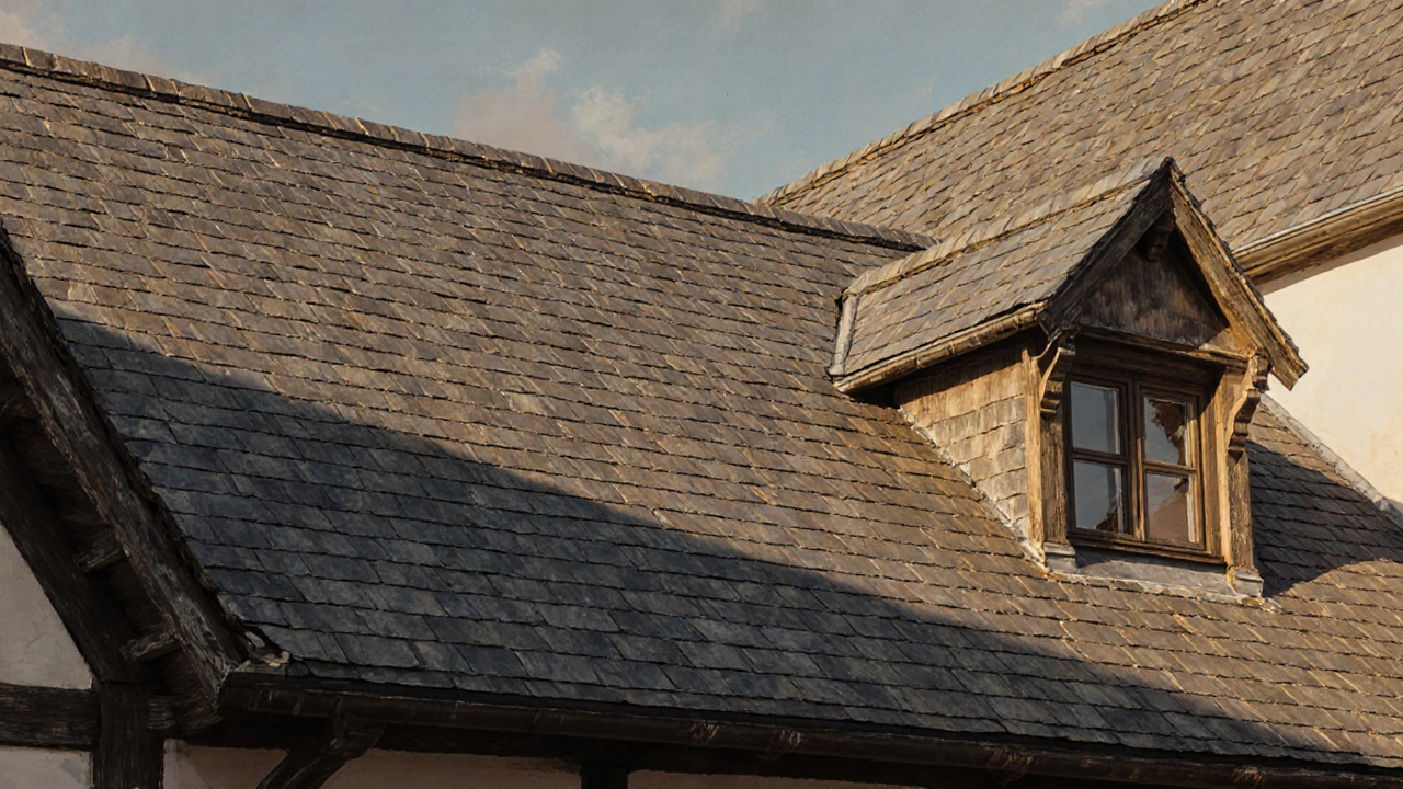 Steil gedachtes Denkmalhaus mit echtem Naturschiefer in traditioneller Verlegung ohne Nägel, nur durch Gewicht gehalten.