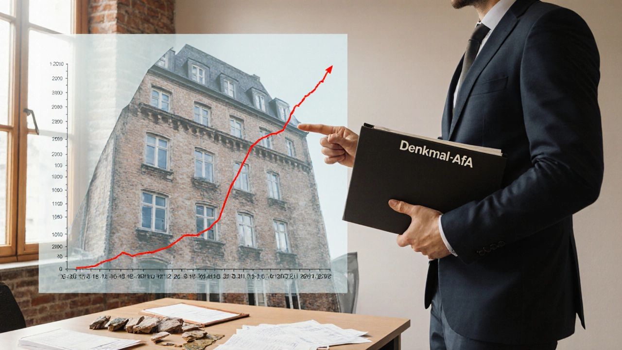 Steuerberater zeigt eine 12-jährige Steuerersparnis-Kurve neben historischen Bauteilen und Rechnungen in einem modernen Büro.