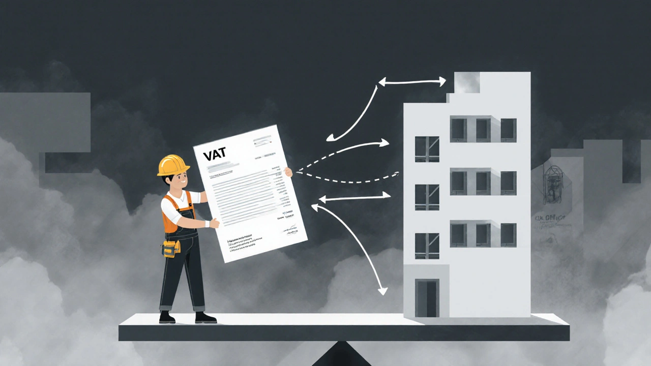 Symbole einer Waage zeigen den direkten Steuerfluss vom Bauunternehmen zum Finanzamt.