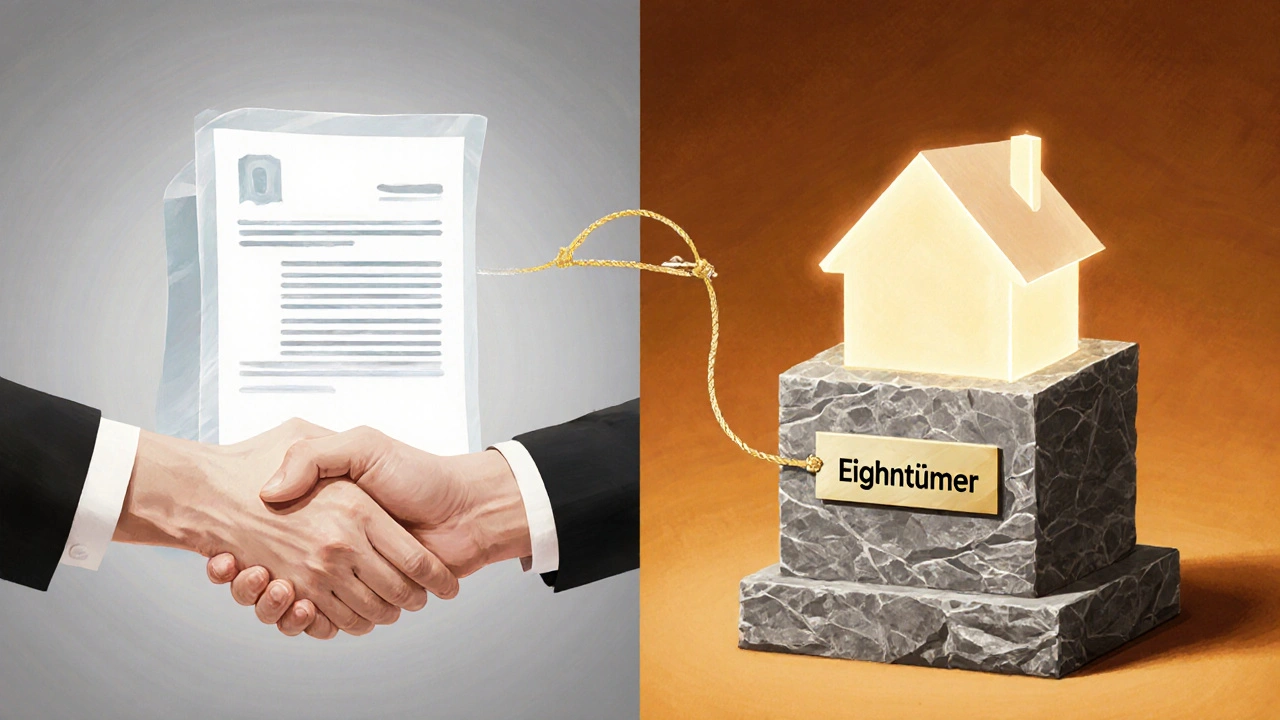 Symbolische Darstellung des Eigentumsübergangs: vom Kaufvertrag zum eingetragenen Eigentum im Grundbuch.