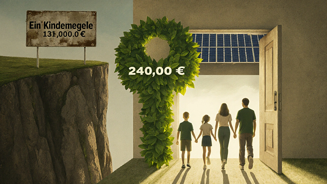 Symbolisches Bild: Ein grüner Schlüssel aus Solarpaneelen öffnet eine Tür mit dem Etikett &#039;240.000 € Kredit&#039;.