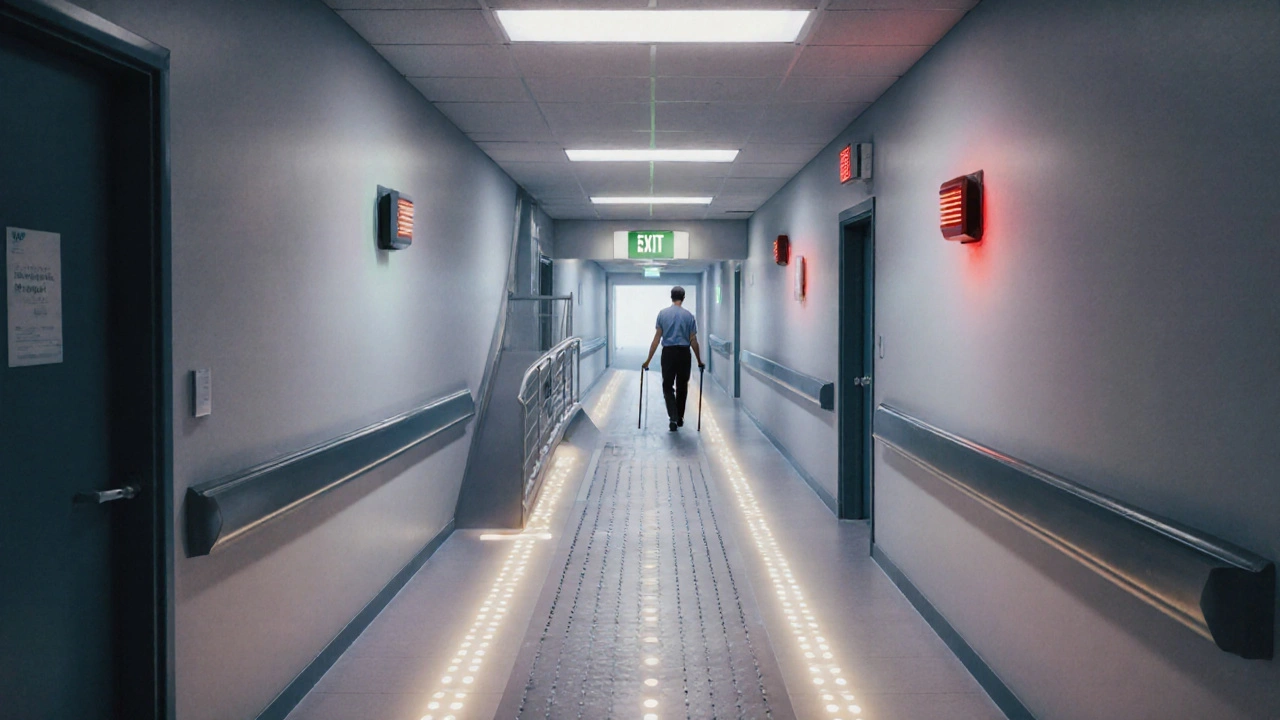 Taktiler Fluchtweg mit Leuchtpunkten und kontrastreichen Treppen in einem Krankenhauskorridor.
