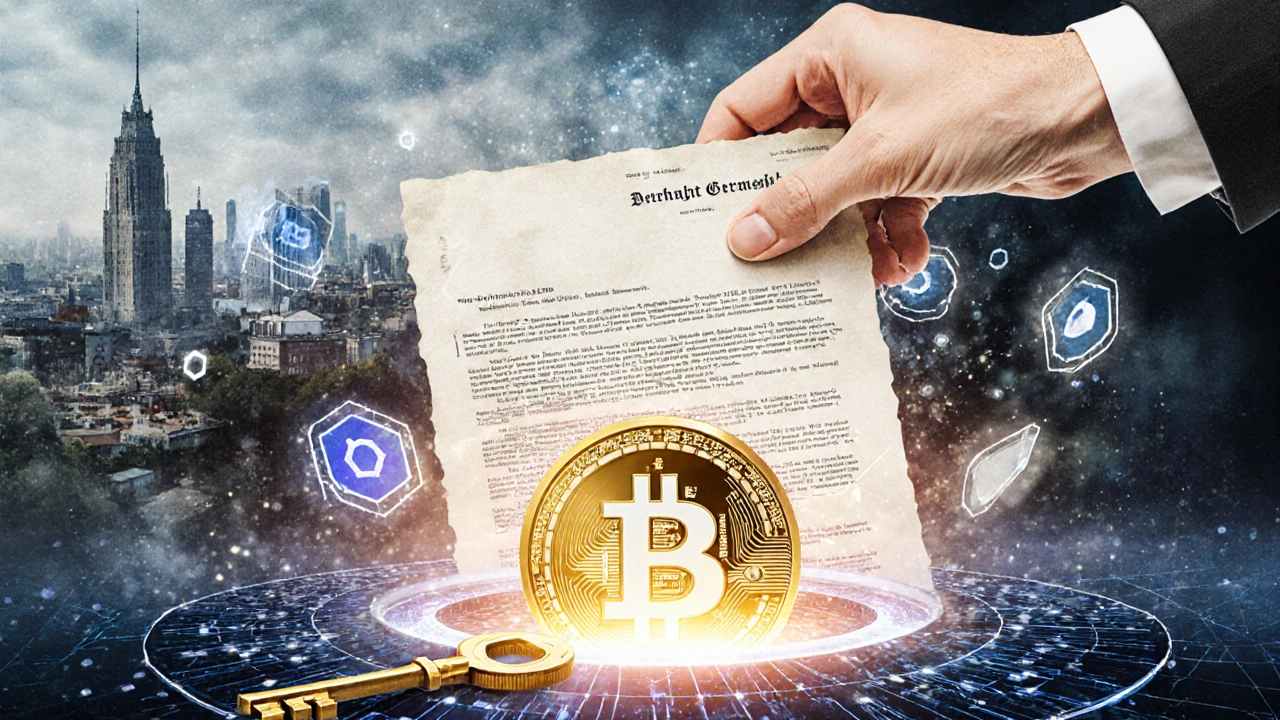 Traditionelles Grundbuchdokument wird in einen digitalen Blockchain-Portal eingegeben.