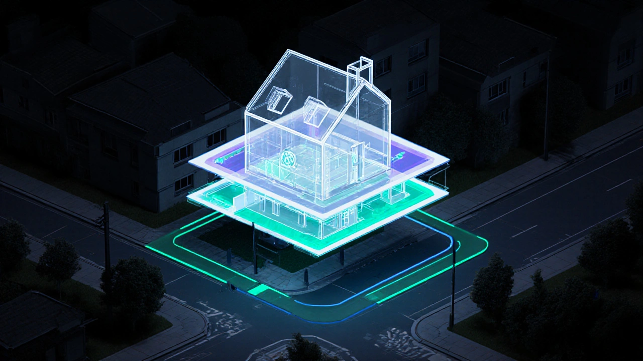 Transparente 3D-Darstellung eines Hauses mit zulässiger Höhe und Garage über einer deutschen Straße.