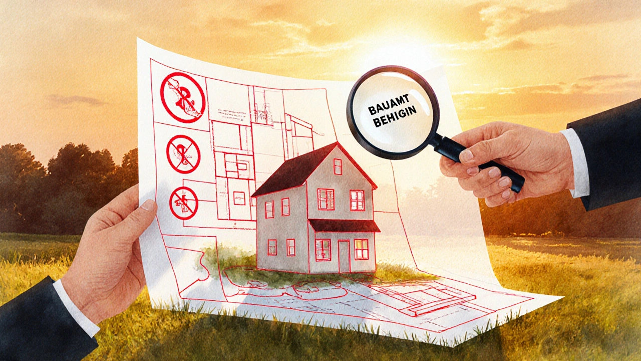 Transparenter Bauplan mit rechtlichen Einschränkungen über einem Grundstück, begleitet von einer Lupe mit Bauamt.