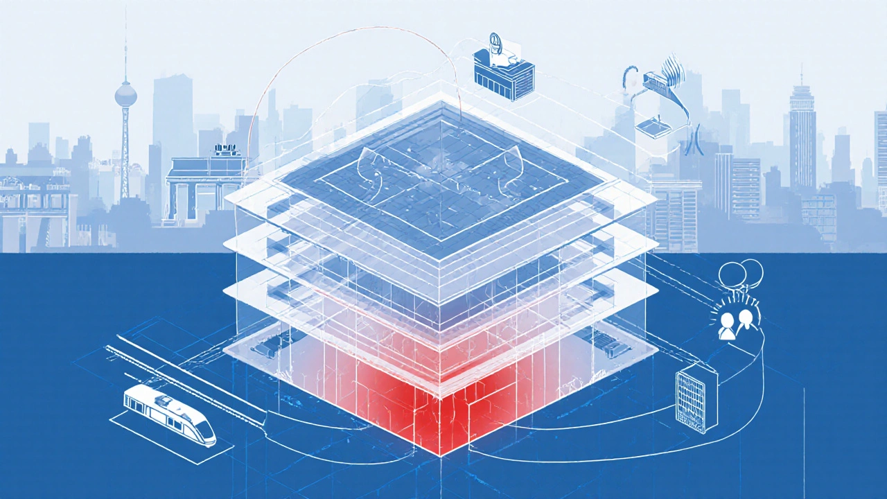 Transparenzmodell eines Gebäudes mit übereinandergelegten Schallwellen aus Verkehr, Wärmepumpen und menschlichem Lärm.
