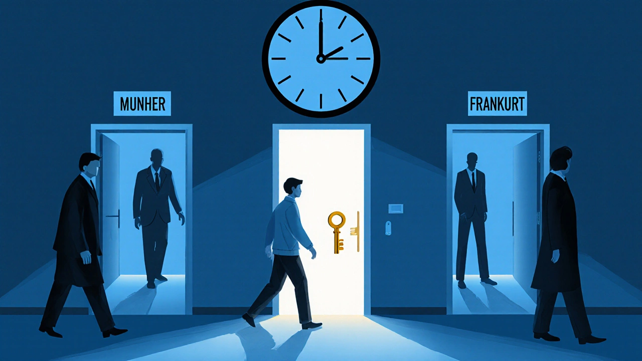 Uhr mit zwei Monaten läuft ab, Mieter geht durch Flur, eine Tür leuchtet mit goldenem Schlüssel.