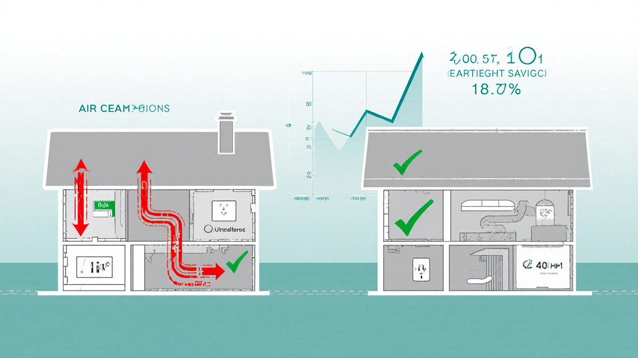 Vergleich zweier Hausquerschnitte: undicht mit Luftströmen vs. luftdicht mit versiegelten Stellen.