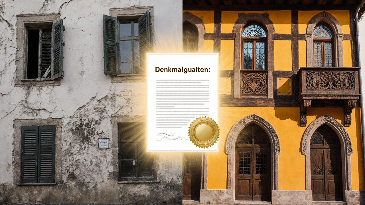 Vergleich zweier Zustände eines historischen Gebäudes: verfallen links, restauriert rechts, mit einem schwebenden Denkmalgutachten als zentrales Element.