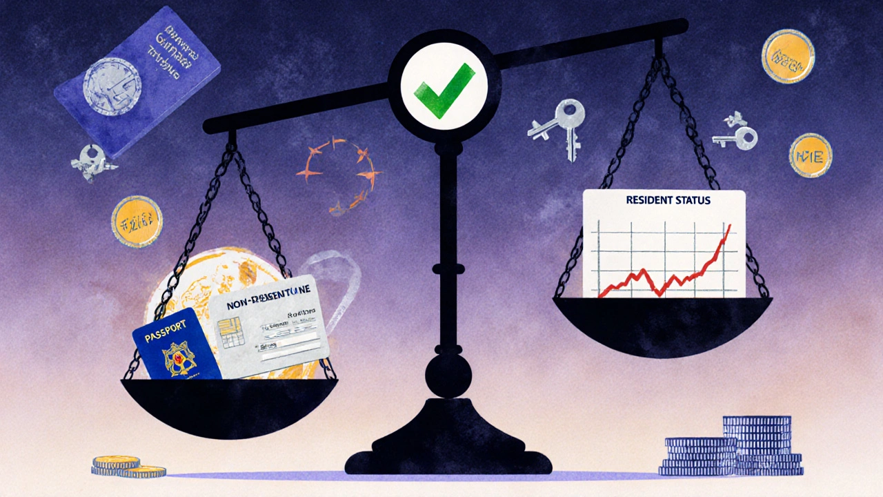 Waage mit deutschen und portugiesischen Aufenthaltstiteln, Immobilien-Schlüsseln und steigenden Preisen.