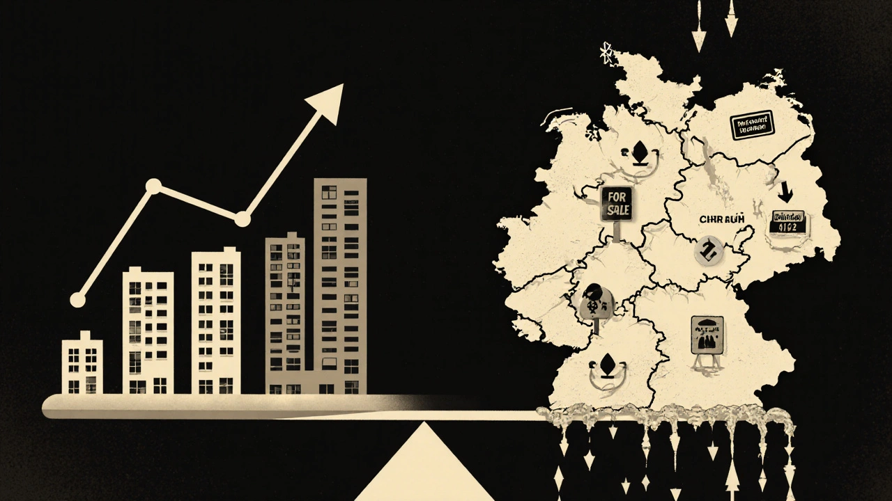 Waage mit wachsenden Städten auf einer Seite und schrumpfenden Regionen mit fallenden Bevölkerungszahlen und Leerstand auf der anderen.