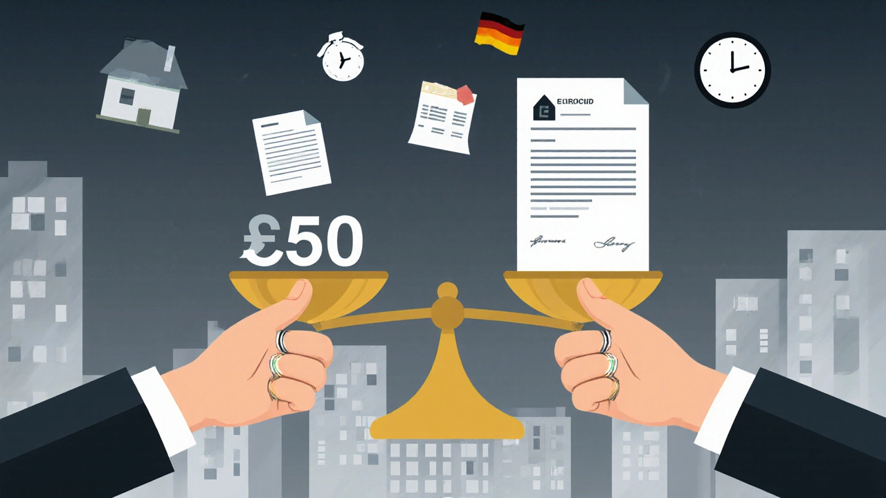 Waage zeigt Kosten einer Rechtsberatung (250 €) gegen mögliche Steuerfolgen (12.000 €) – Symbolbild für Risiko und Schutz.