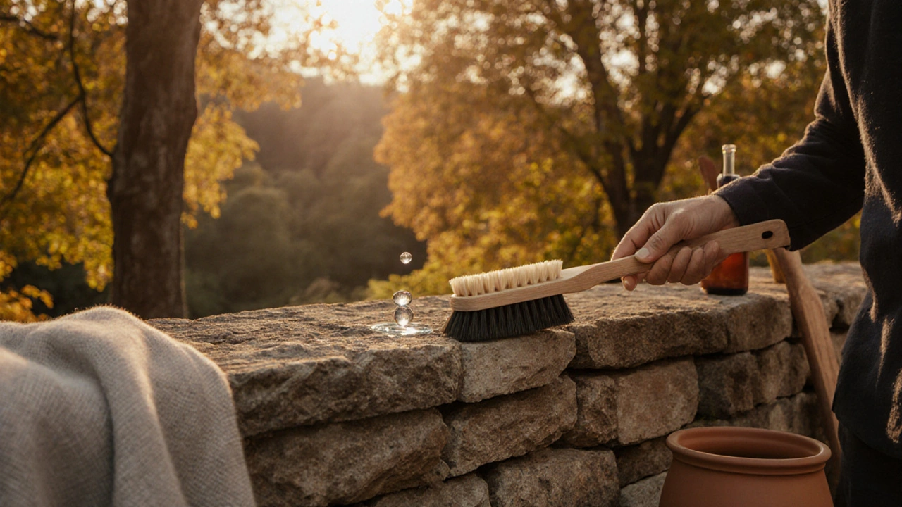 Wasserperlen auf hydrophobiertem Naturstein bei Sonnenlicht, biobasierte Pflege.