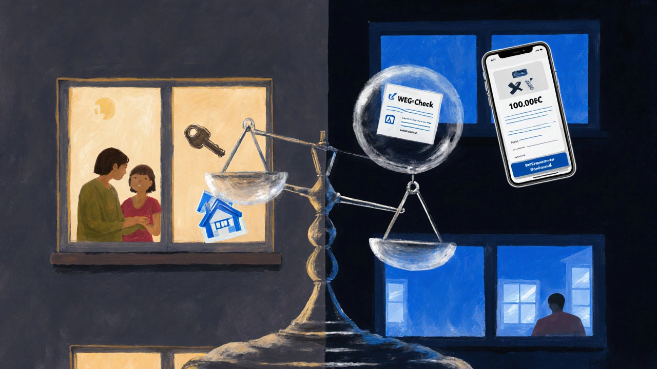 Wohnhausfassade mit warmem Licht in einer Wohnung und blauen Bildschirmen in anderen, symbolisch für Kurzzeitvermietung.