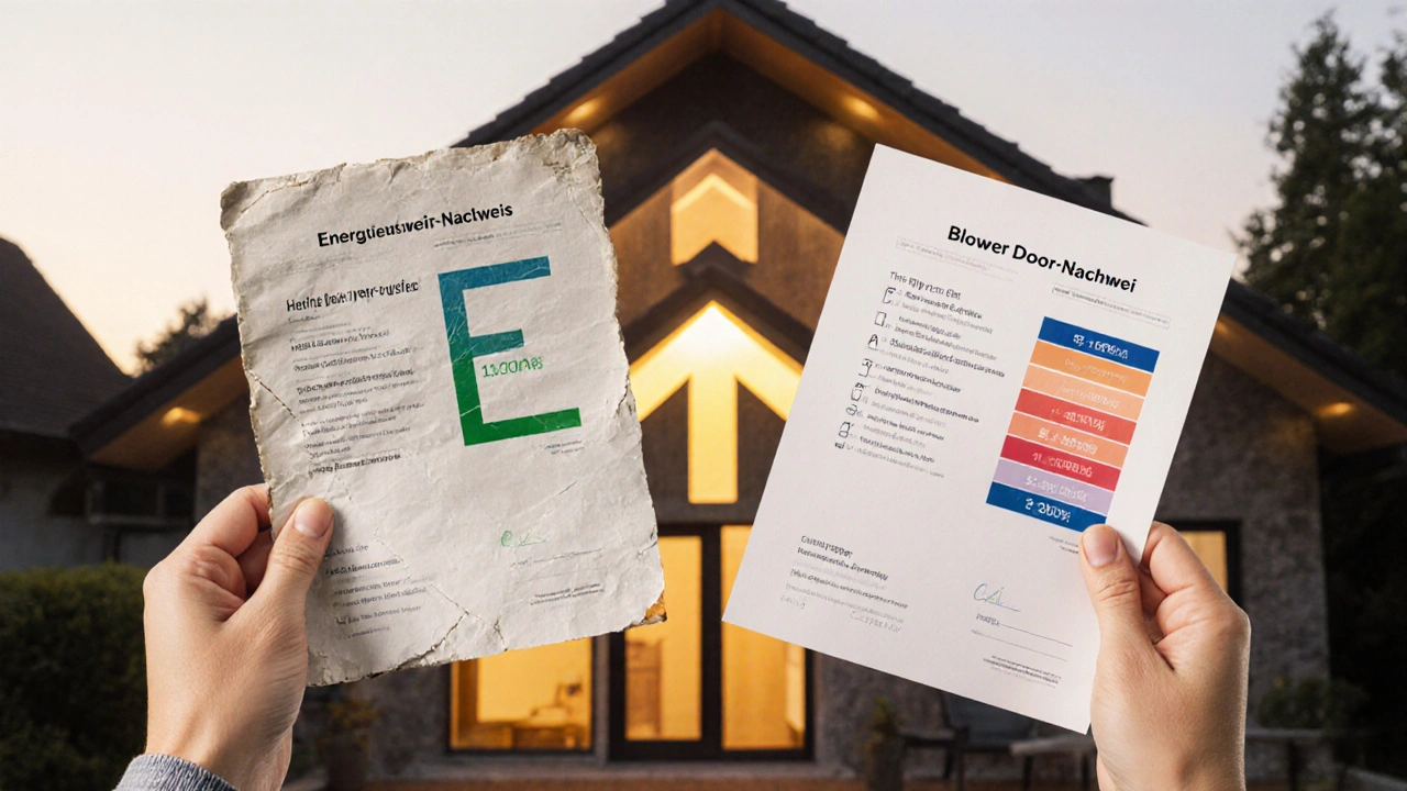 Zwei Energieausweise: einer mit schlechter Bewertung, einer mit besserer – symbolisch dargestellt mit Licht und Schatten.