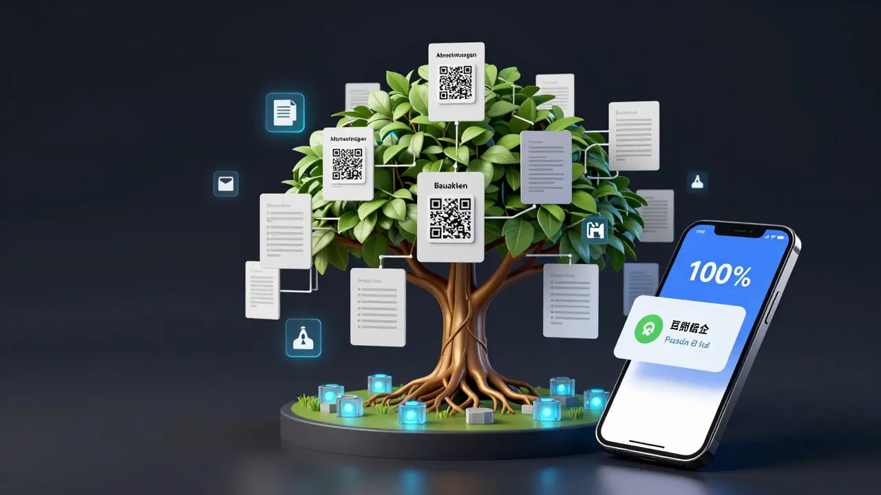 Abstrakte 3D-Dokumentenstruktur mit KI und Blockchain-Elementen, die digitale Immobilienverwaltung symbolisiert.