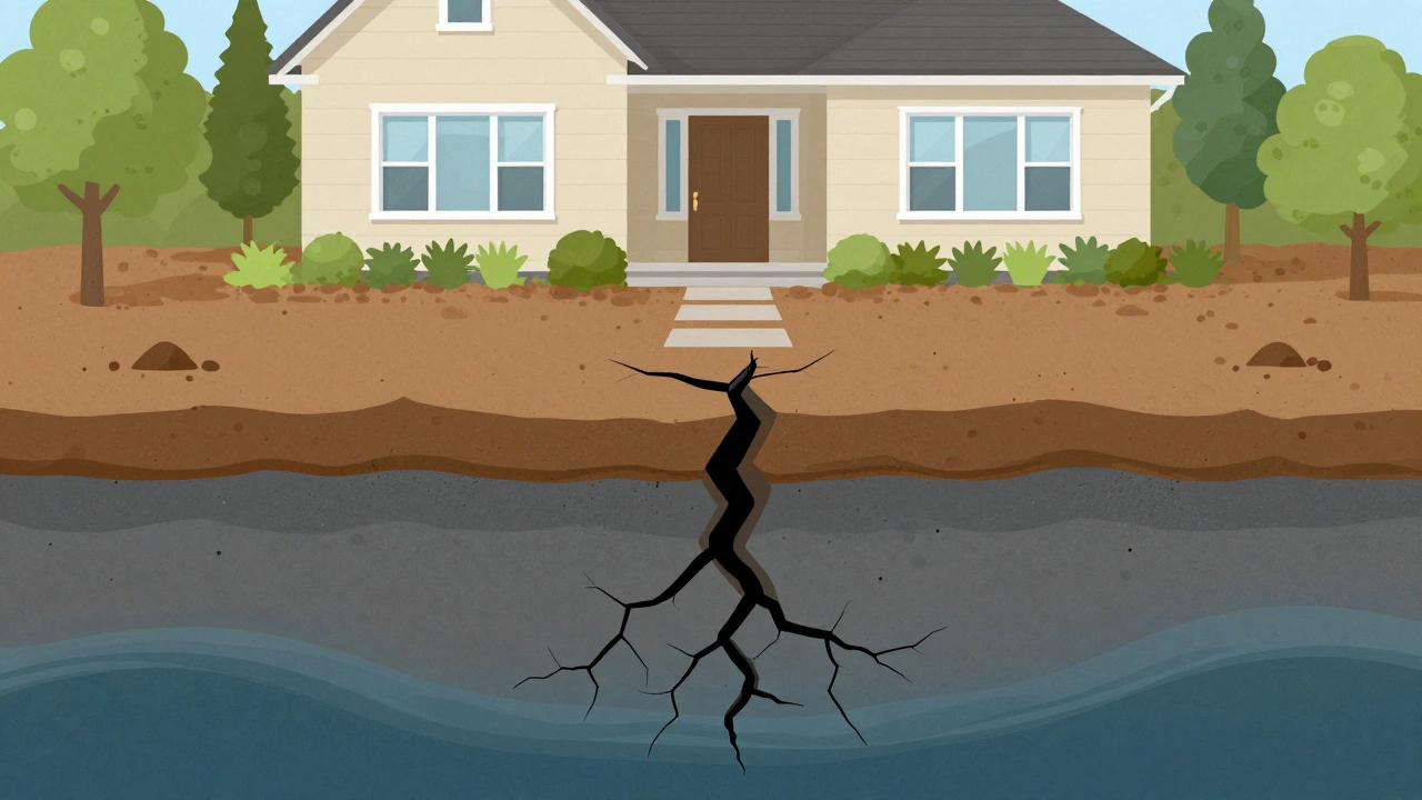 Aufgeschnittene Darstellung eines Grundstücks: oben ein Haus, unten verborgene Bodenrisiken.