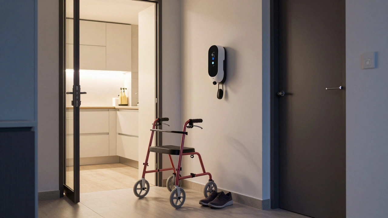 Barrierefreier Flur mit Rollator an Lade-Steckdose, weit geöffneter Tür und freiem Zugang zur Küche.