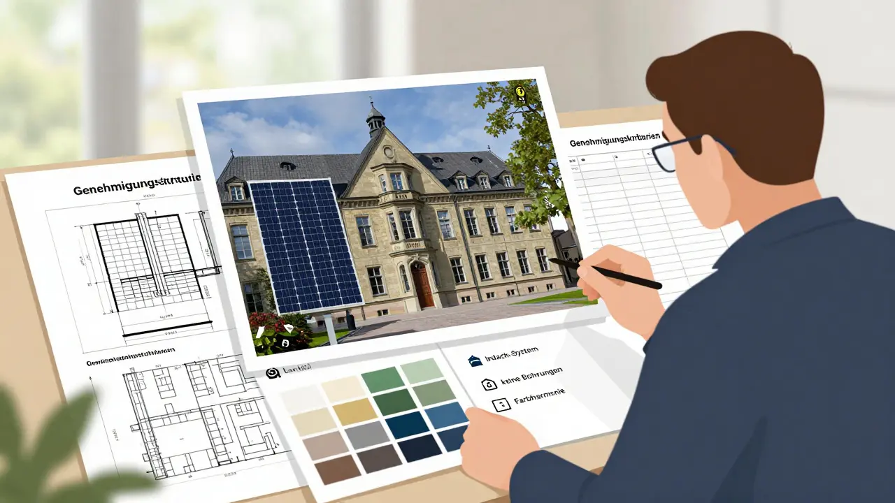 Behördenmitarbeiter prüft 3D-Visualisierungen und Farbproben für Solaranlagen auf einem Denkmal.