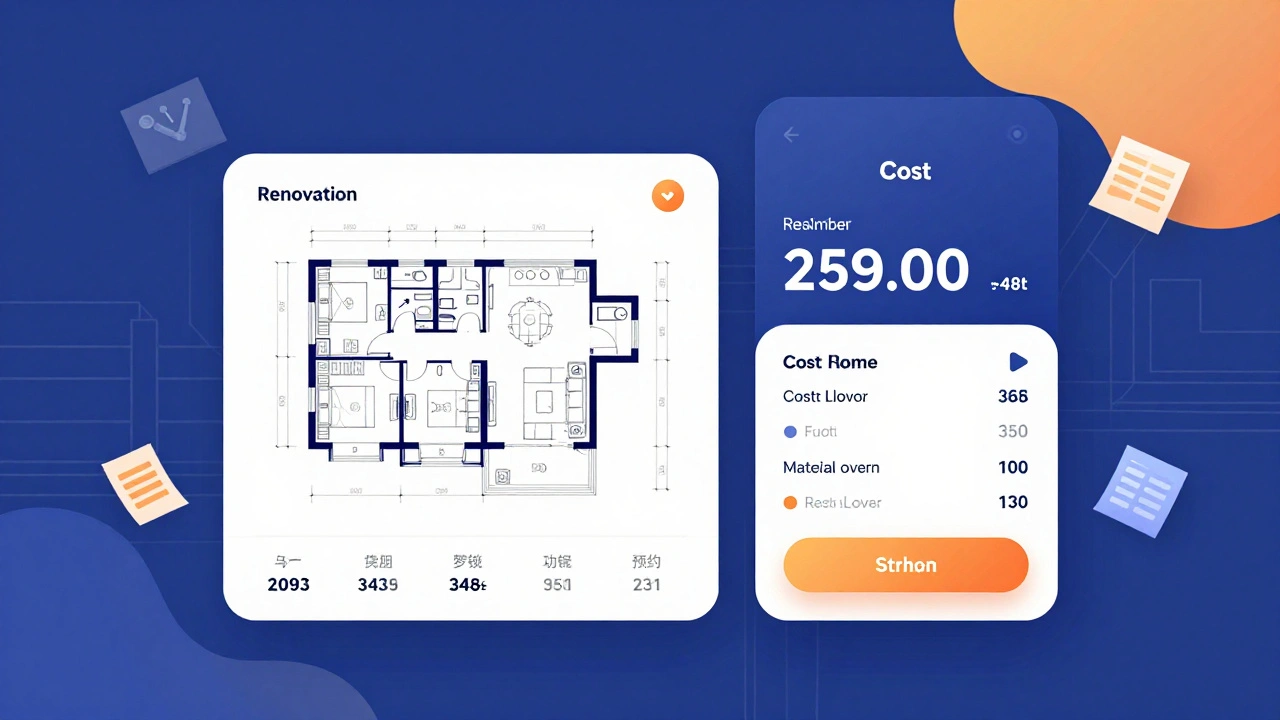 Digitaler Vergleich von geplanten und tatsächlichen Renovierungskosten auf einem zweigeteilten Bildschirm-Interface.