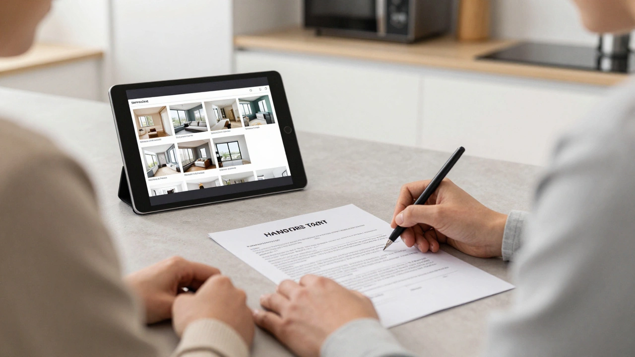 Drittperson unterschreibt ein digitales Übergabeprotokoll mit Vermieter und Mieter in einer gut beleuchteten Wohnung.