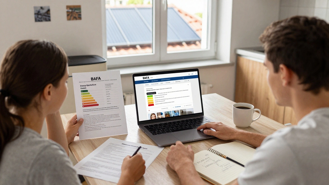 Familie bei der Planung von Fördermitteln am Küchentisch mit Laptop, Angeboten und Wärmepumpe auf dem Dach.