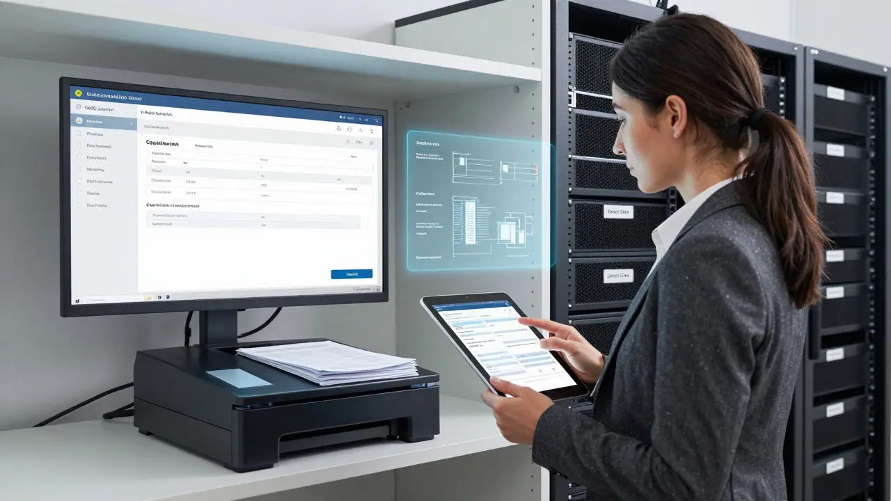 Frau in Büro scannet Dokumente, während digitale Akten auf einem Bildschirm organisiert angezeigt werden.