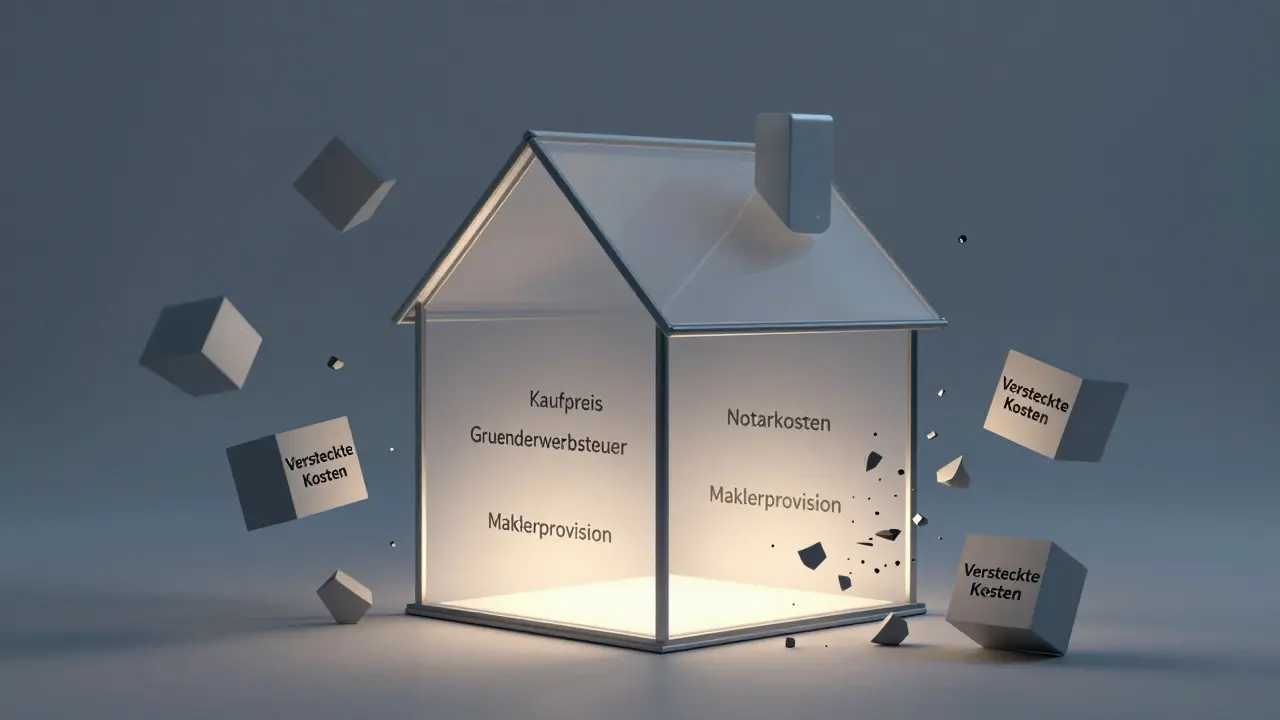 Glas-Haus mit sichtbaren Kaufkosten, versteckte Kosten zerbrechen außen.