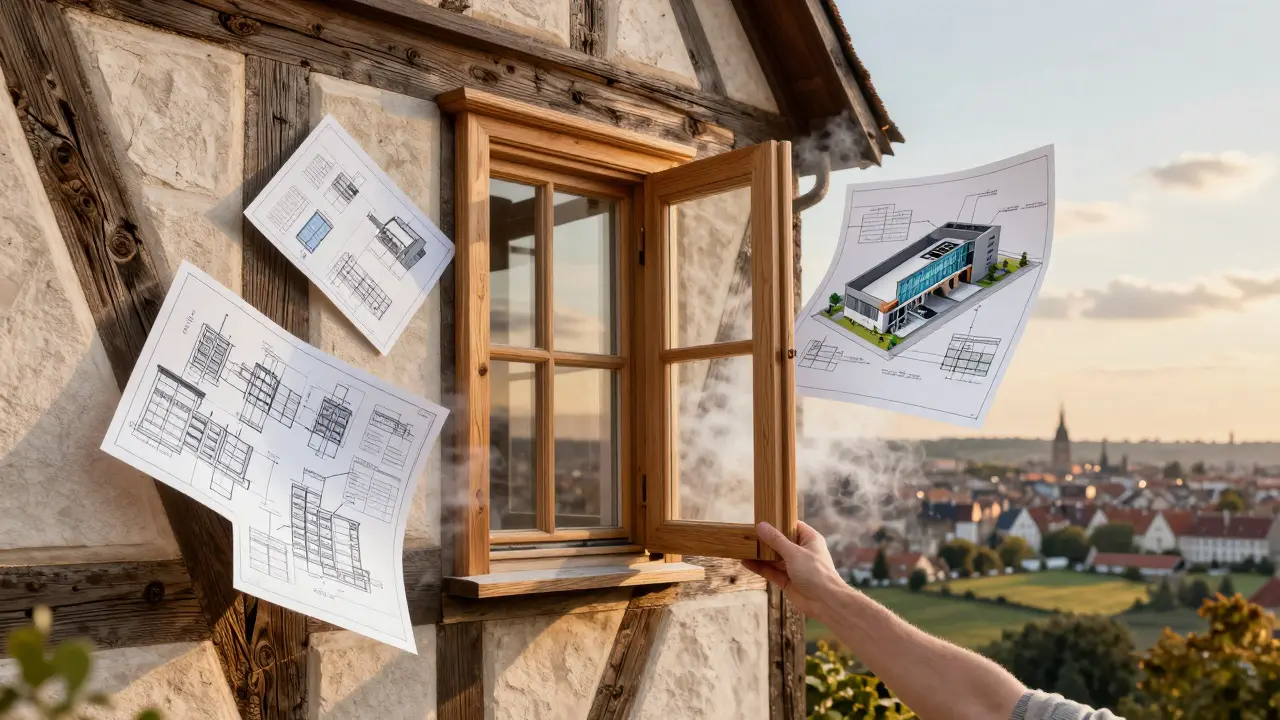 Hand setzt historisches Fenster ein, während moderne Technik im Nebel verschwindet.