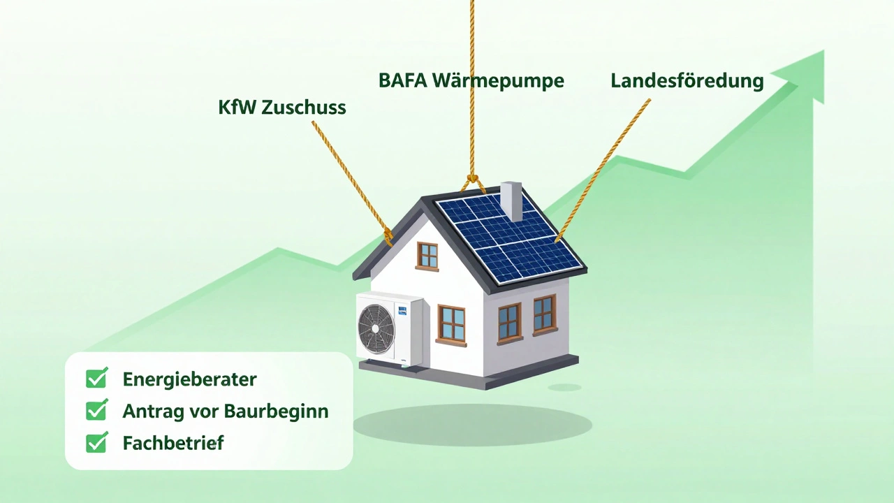 Haus wird von drei Förderseilen aus KfW, BAFA und Landesprogramm gehoben, mit Energie-Checkliste als Fundament.