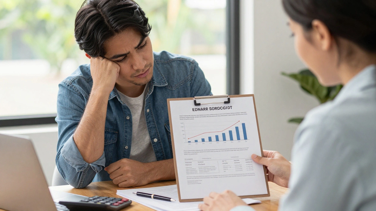 Hauskäufer hält ein Baugrundgutachten, während er mit einem Makler am Tisch spricht.