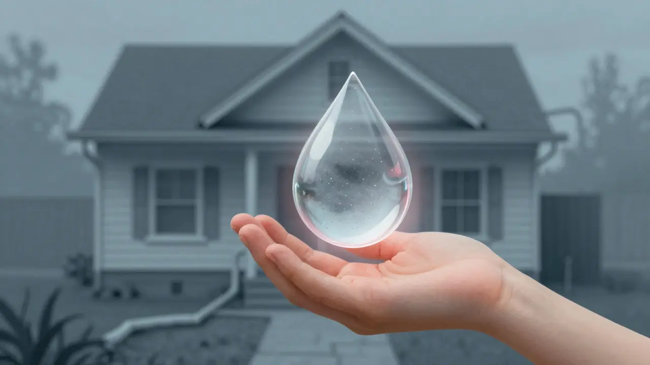 Kind hält eine Wassertropfen mit bleihaltigen Partikeln, dahinter ein altes Haus mit unsichtbaren Leitungen.