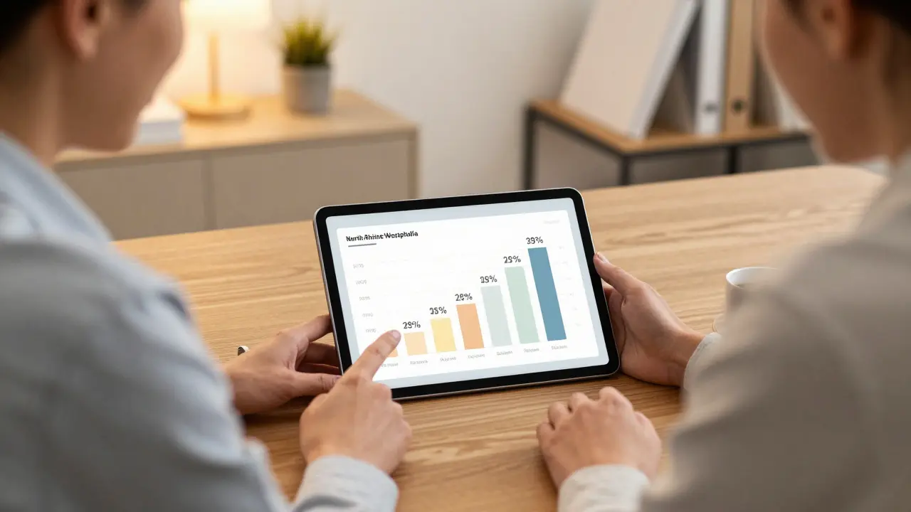 Kunde und Makler besprechen gemeinsam digitale Kostenangaben für eine Immobilie.