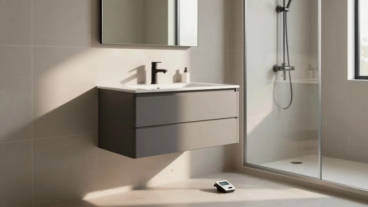 Modernes Badezimmer mit montierten Möbeln über vollständig ausgehärteten Fugen.