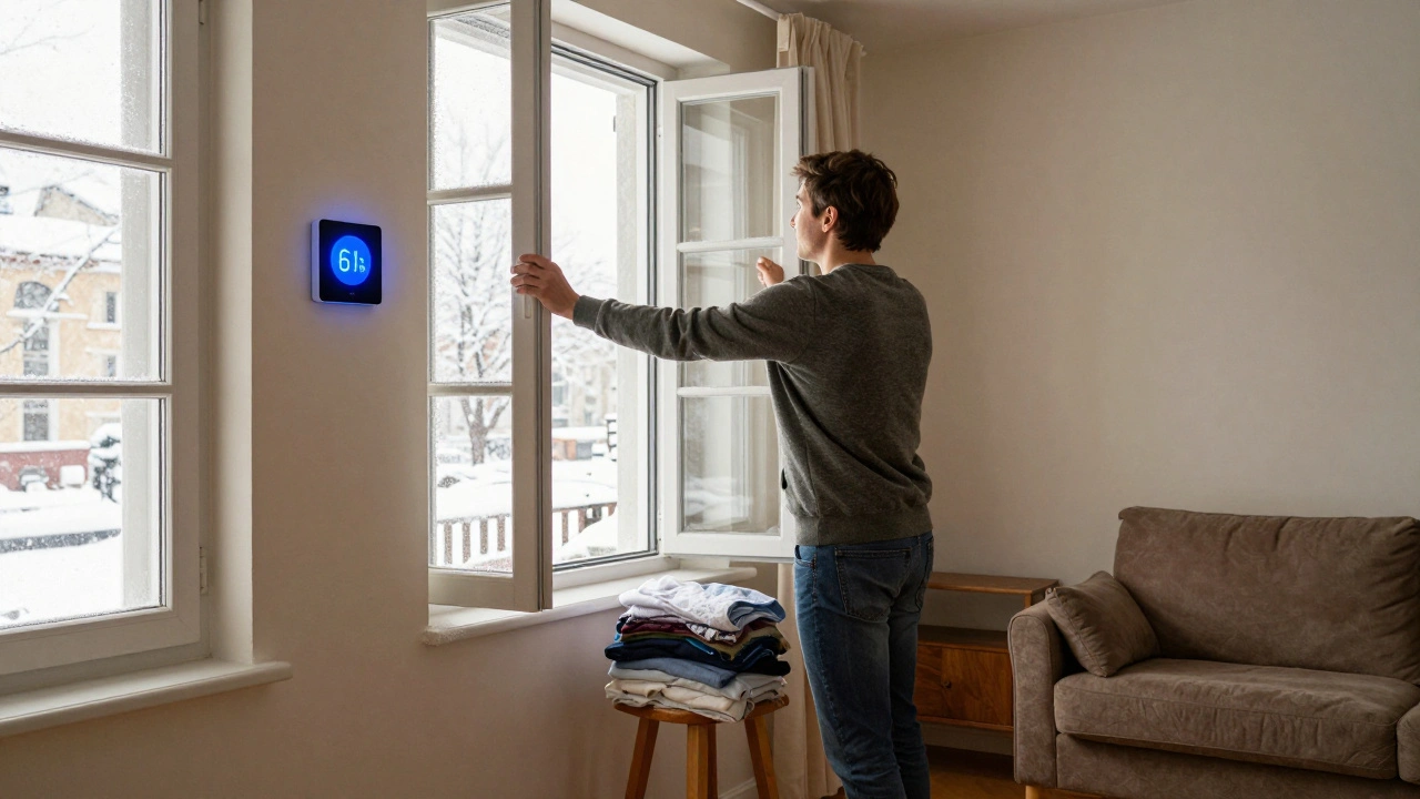 Person öffnet alle Fenster im Winter zum Stoßlüften, während ein Smart-Sensor 61 % Luftfeuchtigkeit anzeigt und ein Sofa von der Wand gerückt ist.