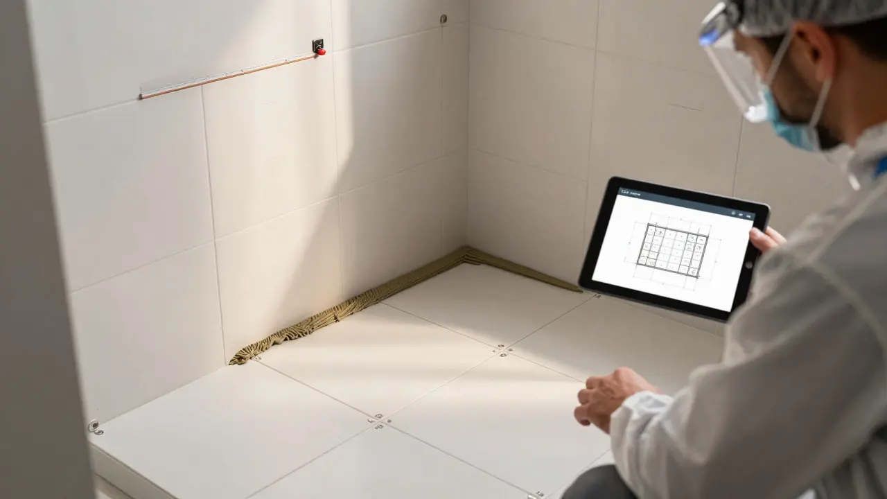 Professionell verlegte große Fliesen mit digitalem Planungstool und perfektem Gefälle.