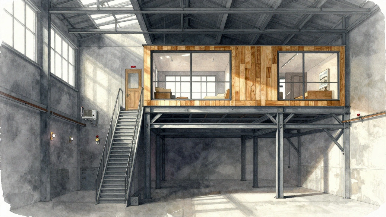 Querschnitt eines ehemaligen Lagerhauses mit umgebauten Treppen und neuen Wohnräumen, strukturelle Verstärkungen sichtbar.