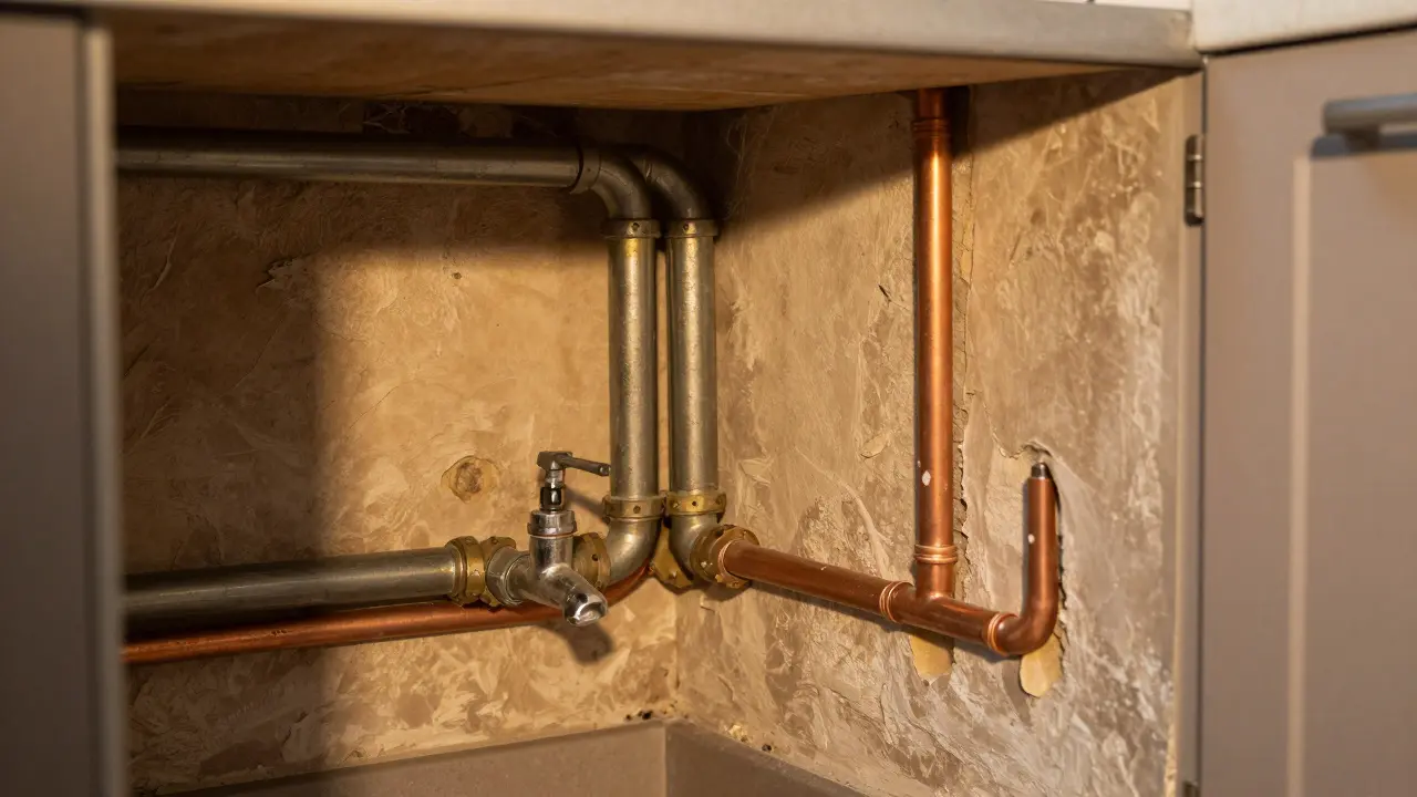 Querschnitt eines Hauses mit alten Bleirohren und neuen Kupfer- und Kunststoffleitungen im Austausch.