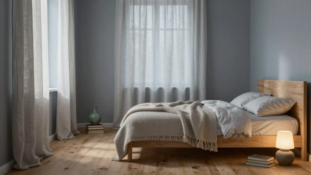 Schlafzimmer bei Tagesanbruch mit leinenen Vorhängen, Eichenbett und einer Wolldecke in sanften Grautönen.