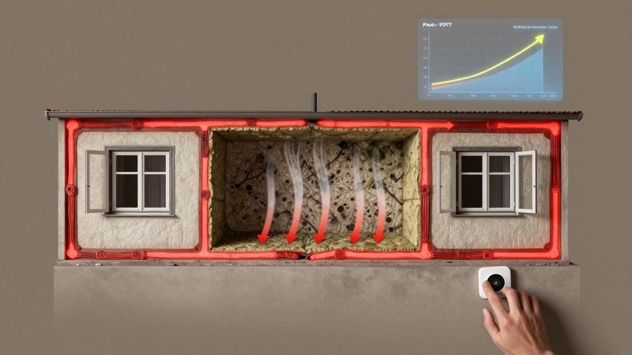 Schnitt durch ein altes Haus mit Wärmebrücken, Schimmelpilz in der Dämmung und Luftströmen aus geöffneten Fenstern, begleitet von einem Feuchtigkeitssensor.