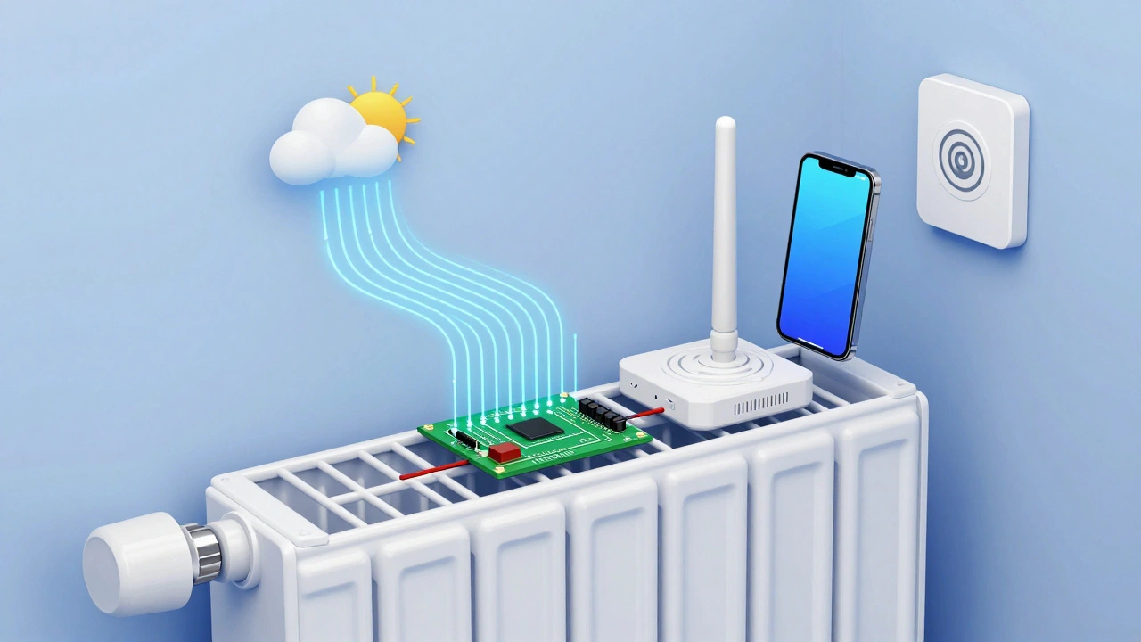 Schnittansicht eines intelligenten Thermostats mit internen Sensoren und drahtloser Datenübertragung.