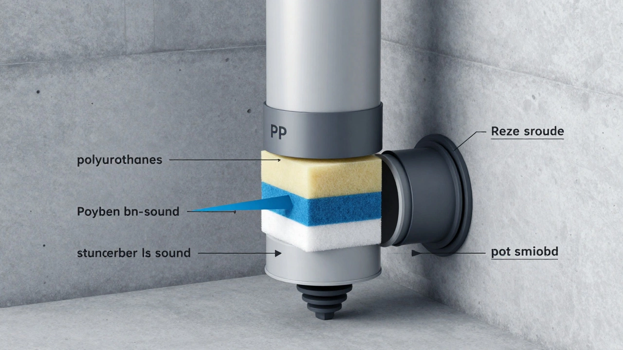 Schnittansicht eines schalldämmenden Abwasserrohrs mit Dämpfungsschichten und entkoppelten Halterungen.