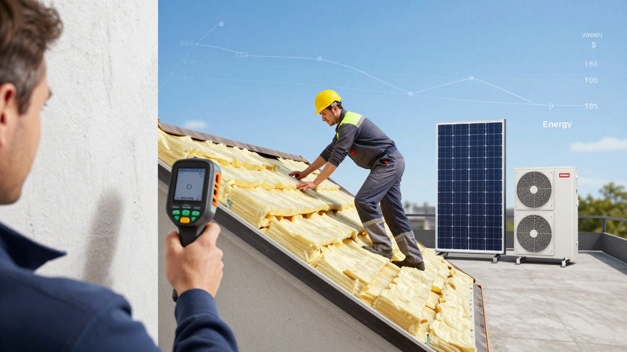 Schrittweise Energiesanierung: Wärmebildkamera, Dämmarbeiten und Solaranlage in einer Szene.