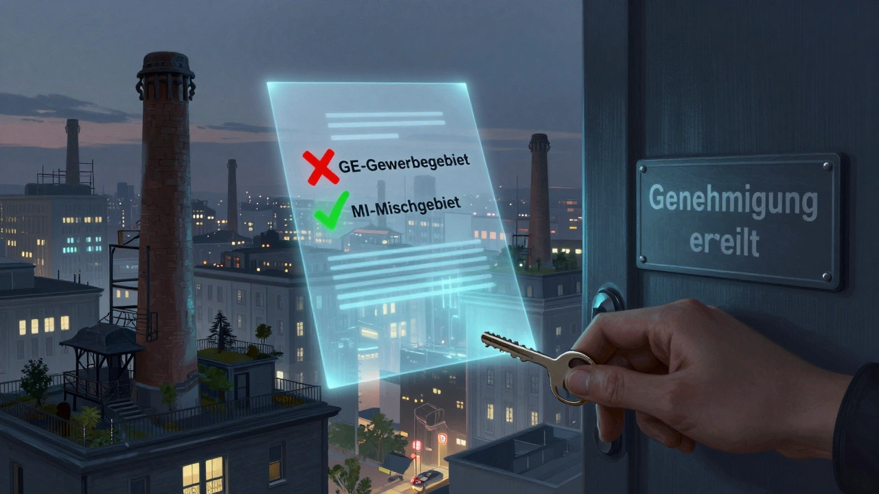 Stadtsilhouette mit umgenutzten Fabriken, rechtliche Genehmigungen als schwebende Dokumente, Schlüssel in der Tür zum Wohnen.