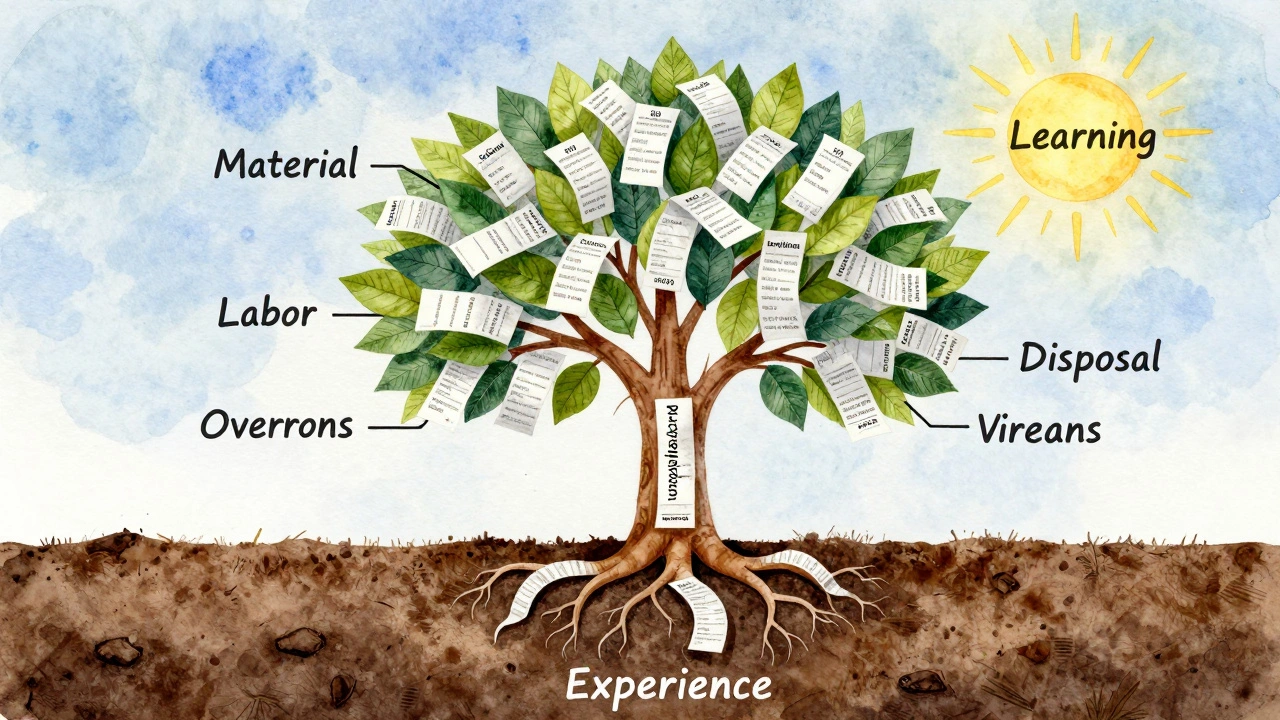 Symbolischer Baum mit Wurzeln aus Rechnungen und Blättern für Kostenpositionen, repräsentiert Lernen durch Nachkalkulation.