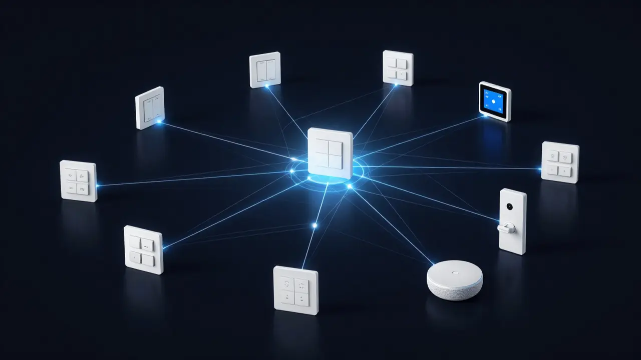 Transparenzdarstellung eines Matter-Netzwerks mit vernetzten Smart-Home-Geräten als Lichtfaden-Mesh.