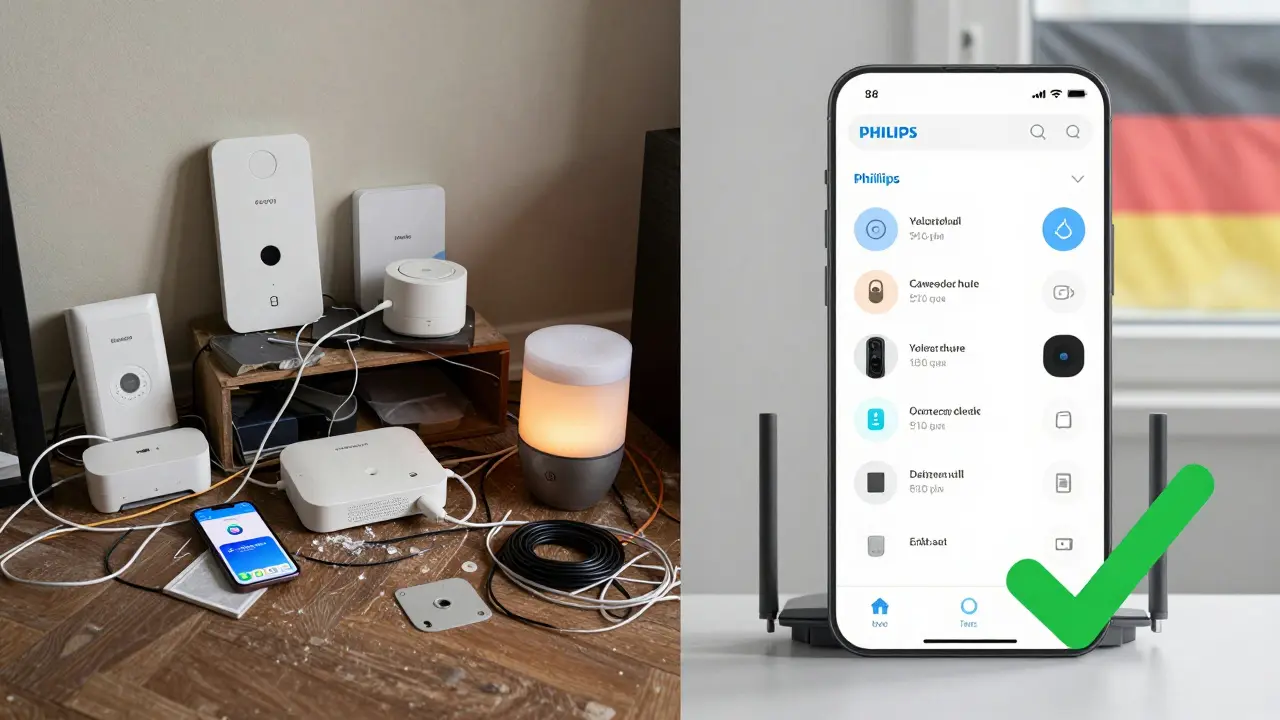 Vergleich: chaotische alte Smart-Home-Setup links vs. saubere Matter-Lösung rechts.