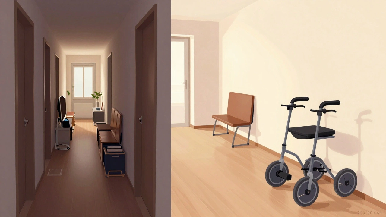 Vergleich: enges, überfülltes Flurvorher-Bild vs. geräumiges, barrierefreies Flurnachher-Bild.