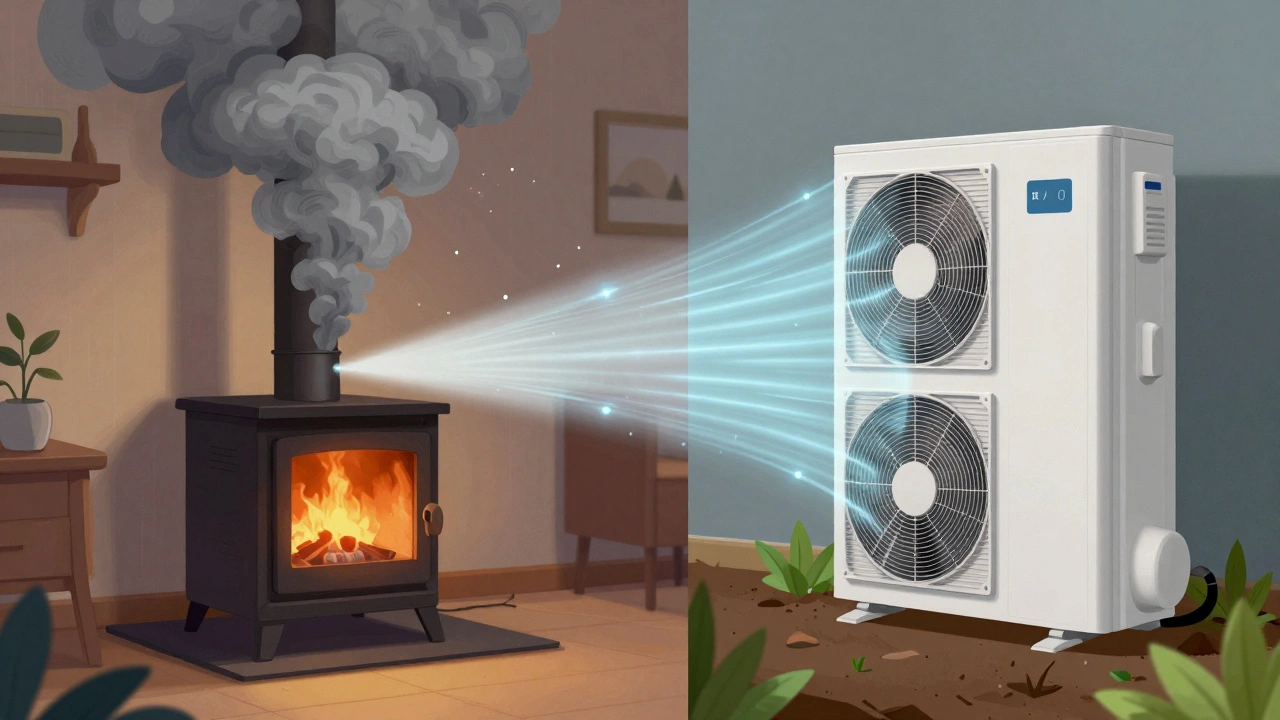 Vergleich: Holzofen mit Rauch vs. Wärmepumpe mit sauberer Energie, symbolisch dargestellt.