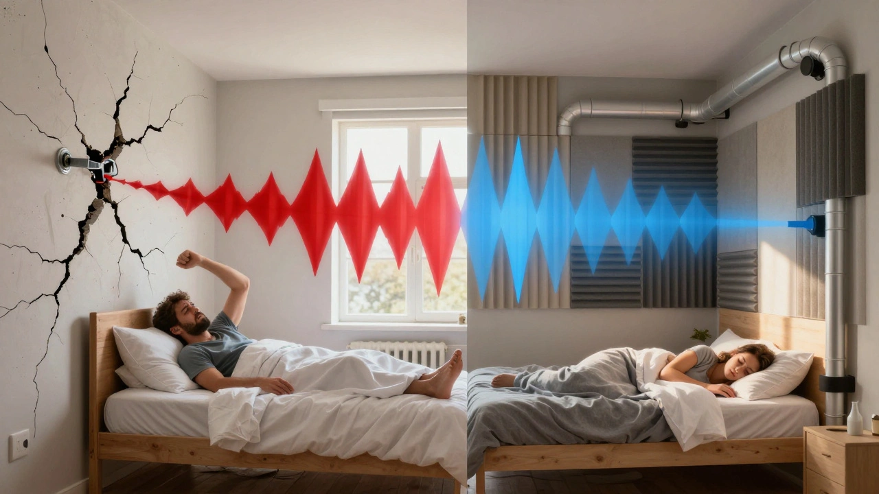 Vergleich: Lärmiges, schlecht gedämmtes Rohr links versus ruhiges, richtig installiertes Rohr rechts.